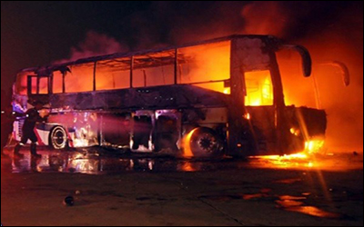 جان باختن ۱۱ تن در تصادف تانکر سوخت و اتوبوس در سنندج